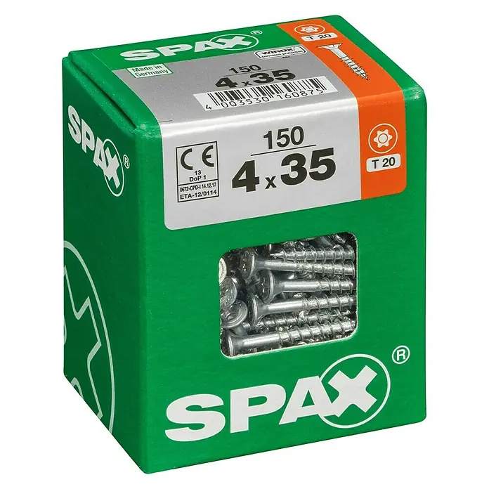Spax Universalschraube T-Star plusØ x L: 4 x 35 mm, WIROX Oberfläche, T-Star plus, 150 Stk. - Eine grüne Schachtel Spax-Schrauben, Größe 4 x 35 mm, ideal für verschiedene Holzbearbeitungsprojekte.