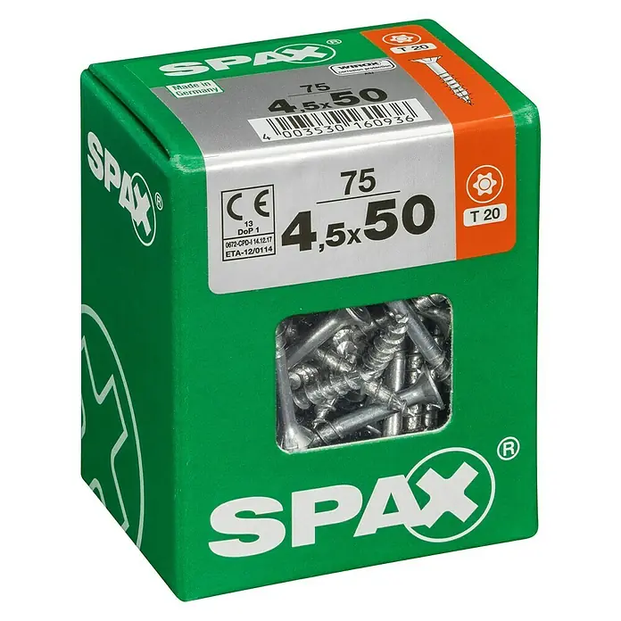 Spax T-Star plus Universalschraube T-Star plus - Ø x L: 4,5 x 50 mm, WIROX Oberfläche, T-Star plus, 75 Stk. - Eine grüne Spax-Schraubenbox, die 75 Schrauben der Größe 4,5 x 50 enthält, ideal für verschiedene Befestigungsarbeiten im Handwerk.