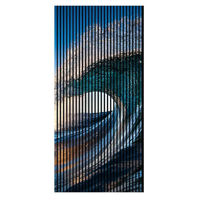 Profiles and more Akustikpaneel Welle - 2.400 x 1.133 x 19 mm - Welle unterbrochen durch vertikale schwarze Linien, die einen einzigartigen visuellen Effekt für moderne Dekorationszwecke erzeugen.