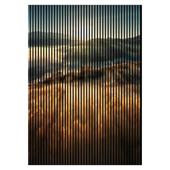 Profiles and more Akustikpaneel Sunrise - 2.400 x 1.693 x 19 mm - Blick auf eine nebelverhangene Landschaft mit Bäumen und Bergen im Hintergrund, verdeckt durch vertikale, schwarze Streifen.