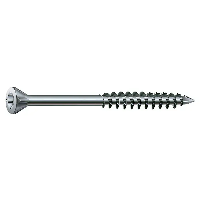 Spax T-Star plus Dielenschraube - Ø x L: 3,5 x 55 mm, WIROX Oberfläche, 250 Stk., Teilgewinde - Detailaufnahme einer Holzschraube mit Senkkopf, Teilgewinde und Bohrspitze für präzise Verbindungen im Holzbau.