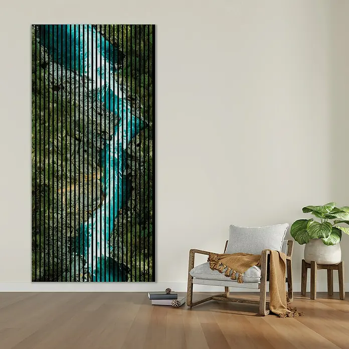 Profiles and more Akustikpaneel Canyon - 2.400 x 1.133 x 19 mm - Wandkunst mit Waldmotiv: Einzigartiges Design mit vertikalen Streifen, das Natur und moderne Kunst verbindet, ideal für stilvolle Innenräume.