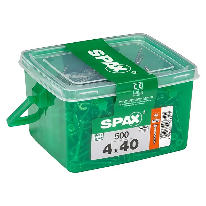 Spax Universalschraube T-Star plusØ x L: 4 x 40 mm, WIROX Oberfläche, T-Star plus, 500 Stk., Kunststoffbox - SPAX Universalschrauben im grünen Behälter. Ideal für vielfältige Anwendungen im Innen- und Außenbereich, 4 x 40 mm, 500 Stück.