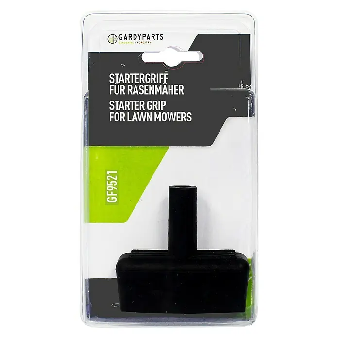 GardyParts Startergriff für Rasenmäher - Rasenmäher-Motoren wie TECUMSEH oder SACHS Motoren - Nahaufnahme einer Starterklinke für Rasenmäher, verpackt in einer durchsichtigen Kunststoffhülle mit Markenlogo und Produktinformationen.