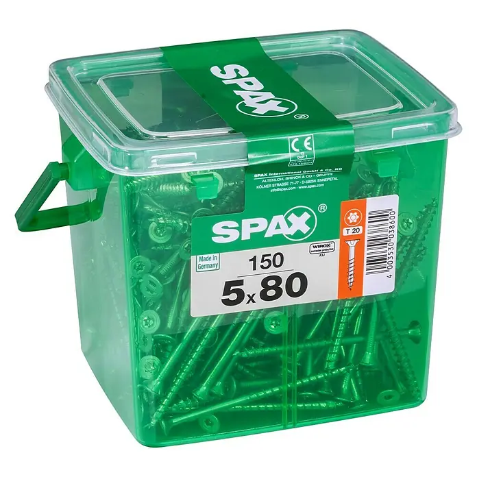 Spax Universalschraube T-Star plus - Ø x L: 5 x 80 mm, WIROX Oberfläche, T-Star plus, 150 Stk., Kunststoffbox - Dose mit grünen SPAX Universalschrauben, Größe 5x80 mm, ideal für vielfältige Anwendungen im Innen- und Außenbereich.