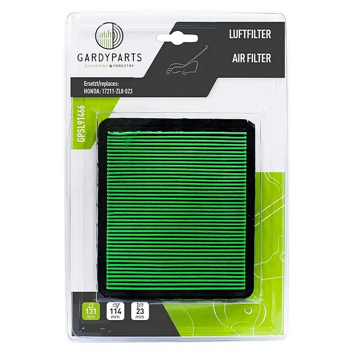 GardyParts Luftfilter für Rasenmäher - Honda Motoren: GC135, GC160, GCV135, GCV160, GCV190, GX100KR, GX100QE, GX100RT, GX100UT, GXR120KR, GXR120QE, GXR120RT, GXR120SE, 1 Stk. - Bild eines GARDYPARTS Luftfilters, kompatibel mit HONDA 17211-ZL8-023, für Garten- und Forstgeräte, mit Abmessungen 131x114x23 mm.