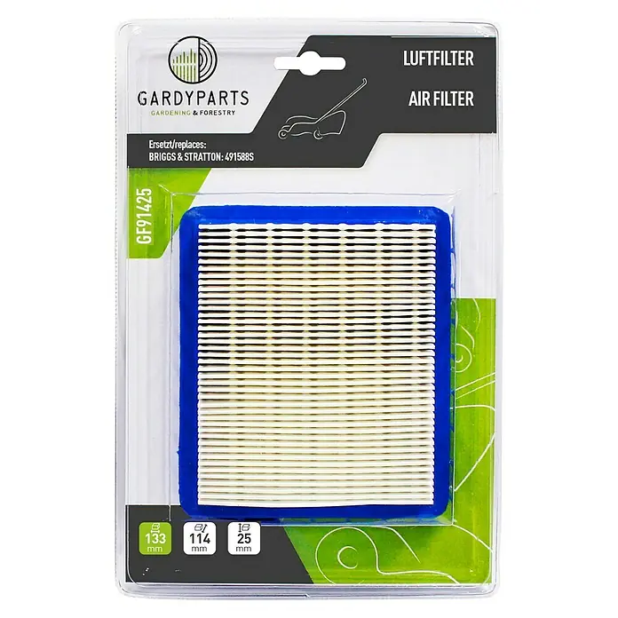 GardyParts Luftfilter für Rasenmäher - Briggs & Stratton Motoren 625E SERIES™, 650E SERIES™, 675EX SERIES™, QUANTUM®, 800 SERIES™, 900 SERIES™, POWERBUILT™ 1263, 1210, 1350 SERIES™, 1450 SERIES™, INTEK™, 1 Stk. - Bild eines Luftfilters der Marke Gardyparts, passend für Briggs & Stratton 491588S, mit Abmessungen 133x114x25mm, verpackt.