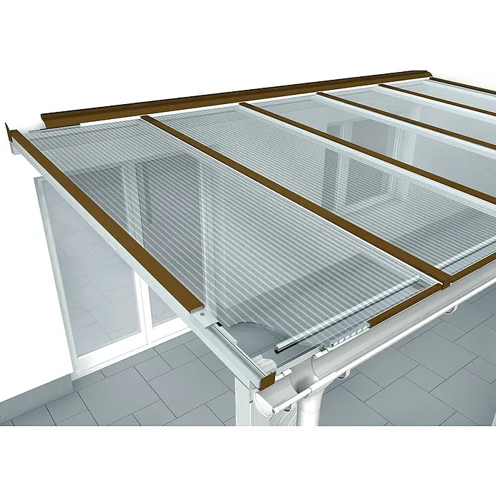 PLEXIGLAS® Acrylglas-Stegplatte proTerra - 2.500 x 980 x 16 mm, Acrylglas (PMMA), Transparent - Terrassenüberdachung mit transparenten Polycarbonatplatten und braunen Rahmenprofilen für stilvollen Wetterschutz im Außenbereich.