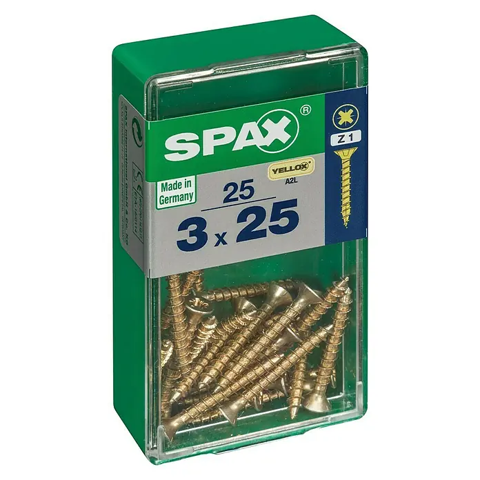 Spax Universalschraube3 x 25 mm, Vollgewinde, 25 Stk. - Dose Spax-Schrauben 3 x 25 mm mit gelb verzinkter Oberfläche und Senkkopf. Ideal für Holzkonstruktionen und Heimwerkerprojekte.