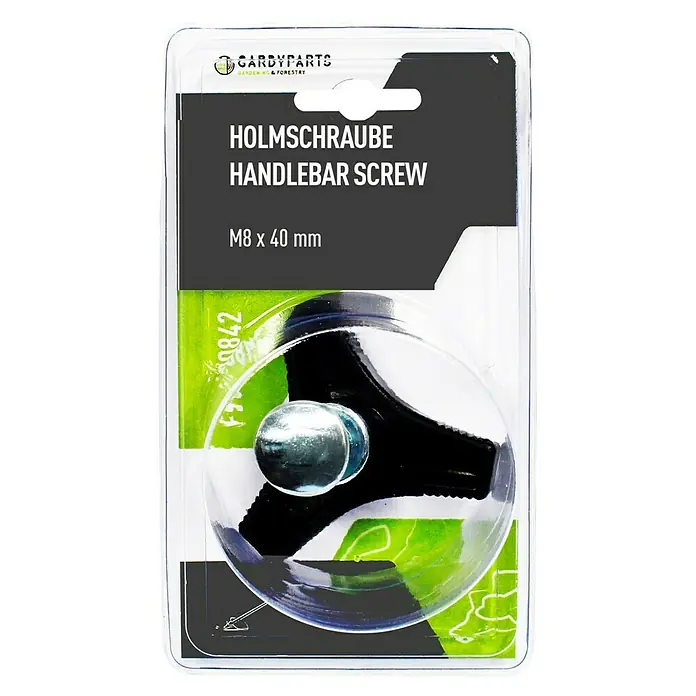 GardyParts Holmschraube für Rasenmäher - Ø x L: 8 x 40 mm - Nahaufnahme einer GARDYPARTS Lenkerschraube M8 x 40 mm in der Originalverpackung.