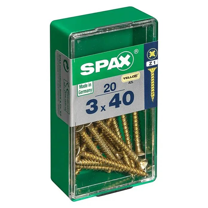 Spax Universalschraube - 3 x 40 mm, Vollgewinde, 20 Stk. - Dose Spax Universalschrauben, Größe 3x40 mm, gelb verzinkt. Ideal für Holzkonstruktionen im Innenbereich und den Möbelbau.