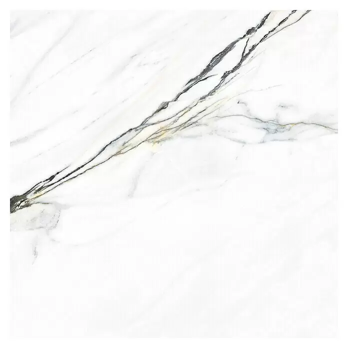 Feinsteinzeugfliese Freedom - 100 x 100 cm, Weiß, Glänzend - Weiße Marmorfliese mit markanten schwarzen und goldenen Adern.