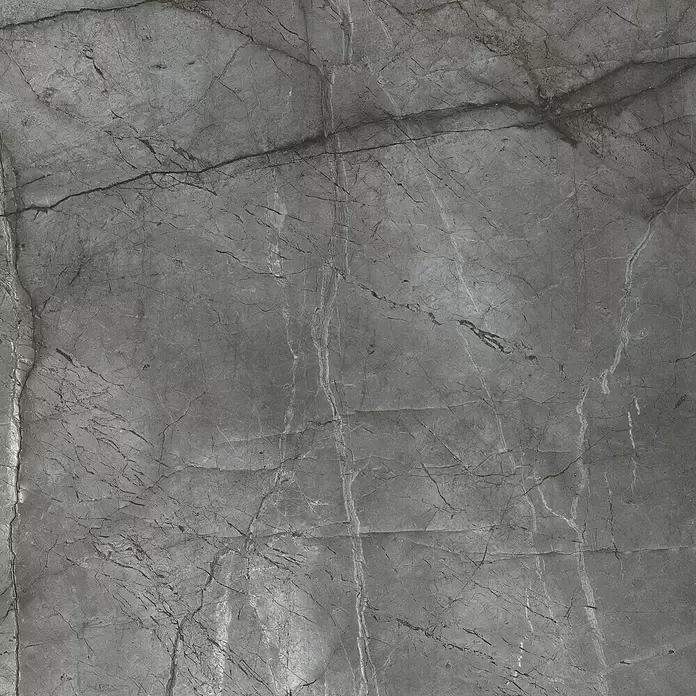 Feinsteinzeugfliese Room - 100 x 100 cm, Silber, Glänzend - Graue Marmorplatte mit weißen und dunklen Äderungen.
