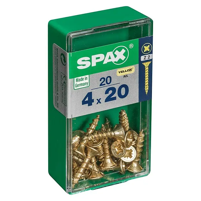 Spax Universalschraube - 4 x 20 mm, Vollgewinde, 20 Stk. - Dose gelb verzinkter SPAX Schrauben 4 x 20 mm, ideal für diverse Holzkonstruktionen und Reparaturen. Robuste Qualität aus deutscher Fertigung.