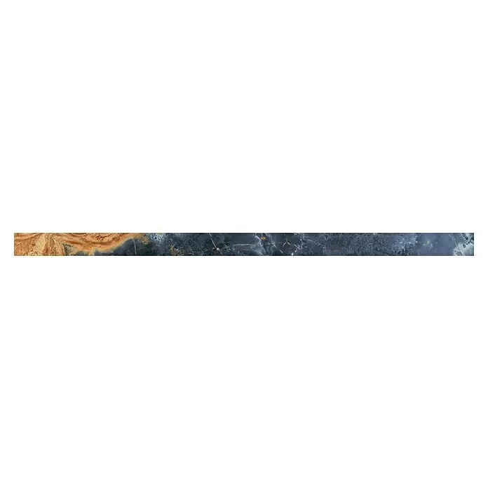 Fliesenbordüre Marvella - 3 x 60 cm, Blau, Glänzend - Dekorative Steinplatte mit wirbelnden orange-braunen und dunkelblau-grauen Mustern, akzentuiert durch goldene Adern.