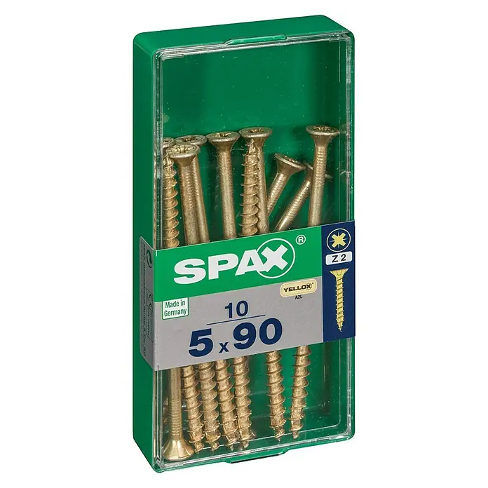 Spax Universalschraube - 5 x 90 mm, Vollgewinde, 10 Stk. - Packung Spax Schrauben 5x90mm, ideal für Holzverbindungen. Die Schrauben sind hochwertig und für professionelle Anwendungen geeignet.