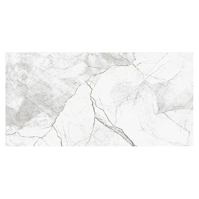 Wandfliese Riva - 30 x 60 cm, Grau/Weiß, Glänzend - Detailansicht einer eleganten, grauen Marmorplatte mit auffälligen, dunklen Maserungen. Ideal für stilvolle Innenarchitektur und hochwertige Oberflächen.