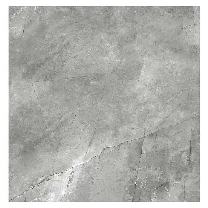 Feinsteinzeugfliese Pulpis - 100 x 100 cm, Grau, Matt - Graue Marmoroptik-Fliese mit weißen und dunklen Äderungen und feinen Sprenkeln.