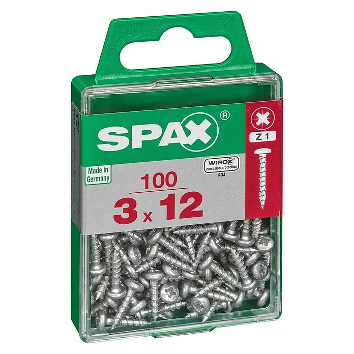 Spax Halbrundkopfschraube - 3 x 12 mm, Verzinkt, 100 Stk., TX für TORX-Antriebe - Eine Packung SPAX Universalschrauben 3x12 mm, verzinkt, mit Senkkopf und Teilgewinde. Geeignet für Holzverbindungen im Innenbereich.