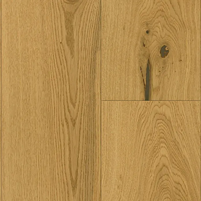 Parador Parkett Basic 11.5 - Eiche Rustikal lackversiegelt matt, Landhausdiele, 1.080 x 185 x 11,5 mm - Nahaufnahme von Eichenparkett. Die natürliche Maserung und die warmen Farbtöne des Holzbodens sind deutlich sichtbar.