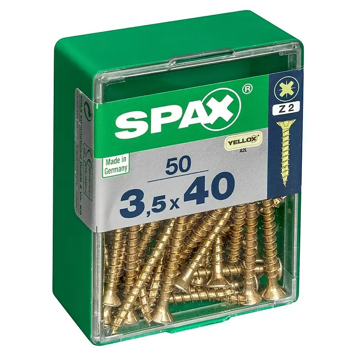 Spax Universalschraube - 3,5 x 40 mm, Vollgewinde, 50 Stk. - Eine grüne Packung Spax Schrauben 3,5x40 mm, ideal für diverse Befestigungen im Haus und Garten.