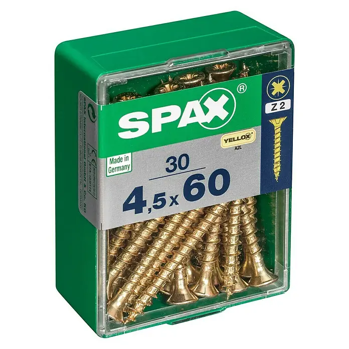 Spax Universalschraube - 4,5 x 60 mm, Vollgewinde, 30 Stk. - Dose Spax Universalschrauben mit Senkkopf, gelb verzinkt, 4,5x60 mm, ideal für Holzverbindungen im Innenbereich.
