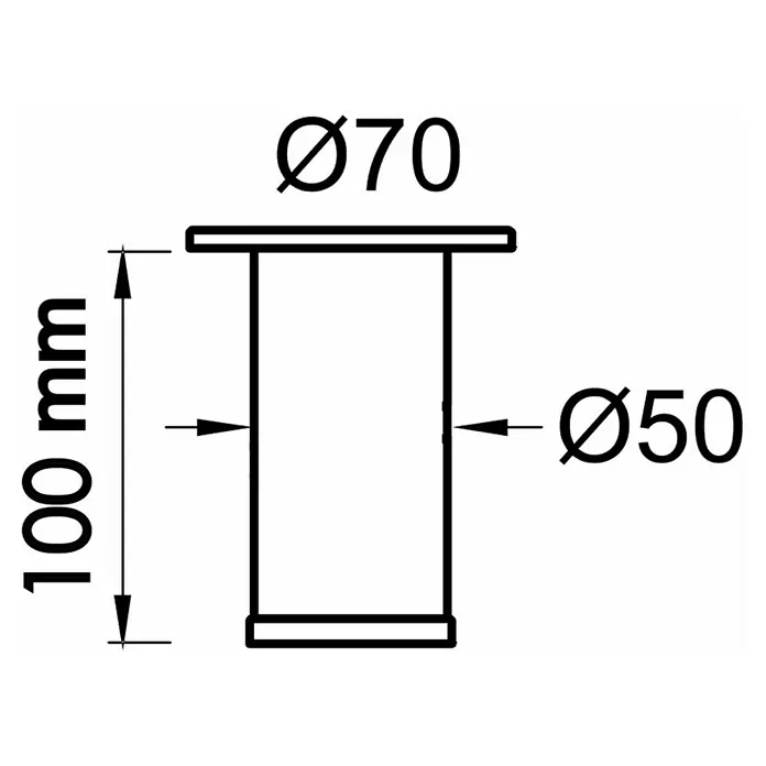 Rei Pata para muebles 973 - Aluminio, Aluminio, Ø x L: 5 x 10 cm - Dibujo técnico de una columna cilíndrica de 50 mm de diámetro, 100 mm de altura y una tapa de 70 mm de diámetro.