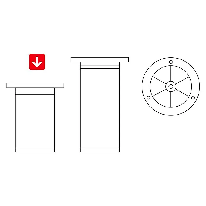 Rei Pata para muebles 973 - Aluminio, Aluminio, Ø x L: 5 x 10 cm - Ilustración de un sistema de drenaje con flecha roja hacia abajo, compuesto por dos columnas y una vista superior circular.