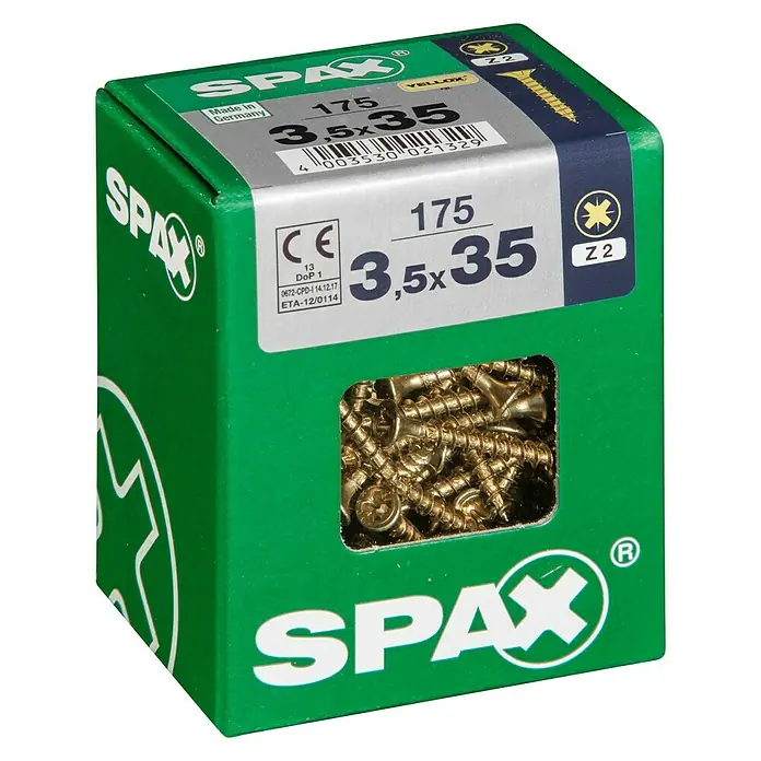 Spax Universalschraube - 3,5 x 35 mm, Vollgewinde, 175 Stk. - Eine grüne Verpackung Spax Schrauben 3,5x35mm mit gelbem YELLOX Überzug, ideal für Holzverbindungen im Innen- und Außenbereich.