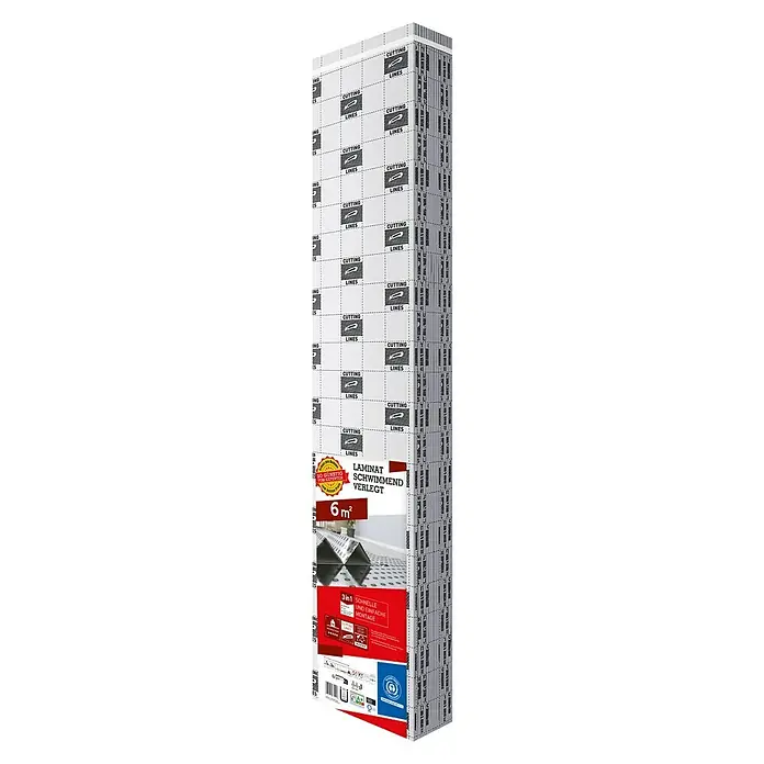 Dämmunterlage XPS Smart Aquastop - 6 m², Stärke: 2,2 mm - Bild eines Pakets Laminat-Unterlagsmatte, schwimmend verlegt, mit Schneidelinien und Angaben zur einfachen Montage.