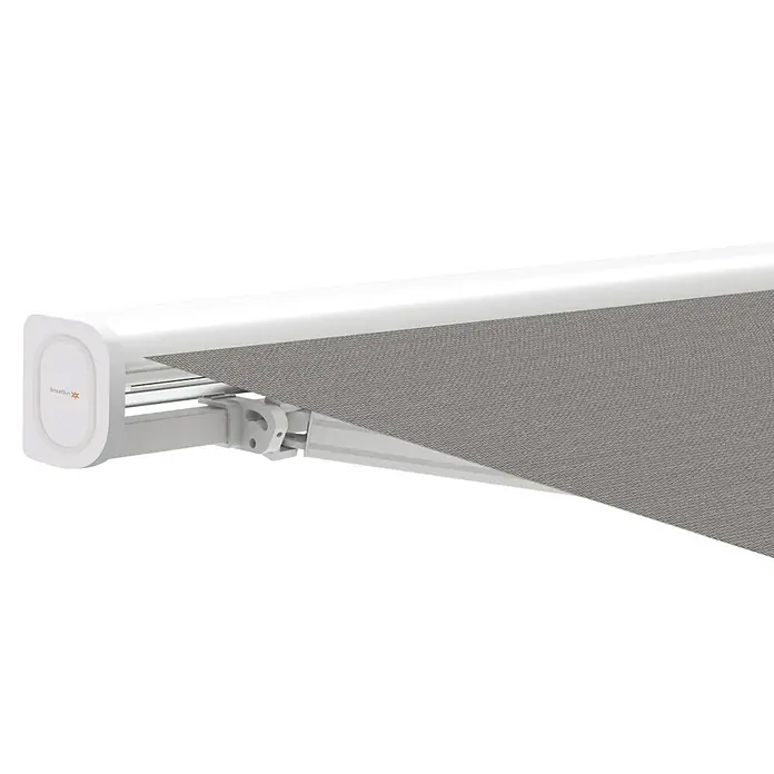 SmartSun Toldo con motor WiFi Vivant - Gris, Ancho: 4,75 m, Caída: 3 m - Primer plano de un elegante toldo SmartSun gris con carcasa blanca, que combina funcionalidad con diseño moderno.\n