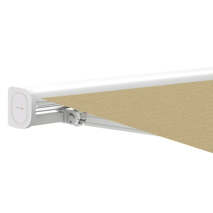 SmartSun Toldo con motor WiFi Vivant - Beige, Ancho: 3,95 m, Caída: 3 m - Primer plano de un toldo Smartbox con tela beige, que protege elegantemente del sol y del clima.
