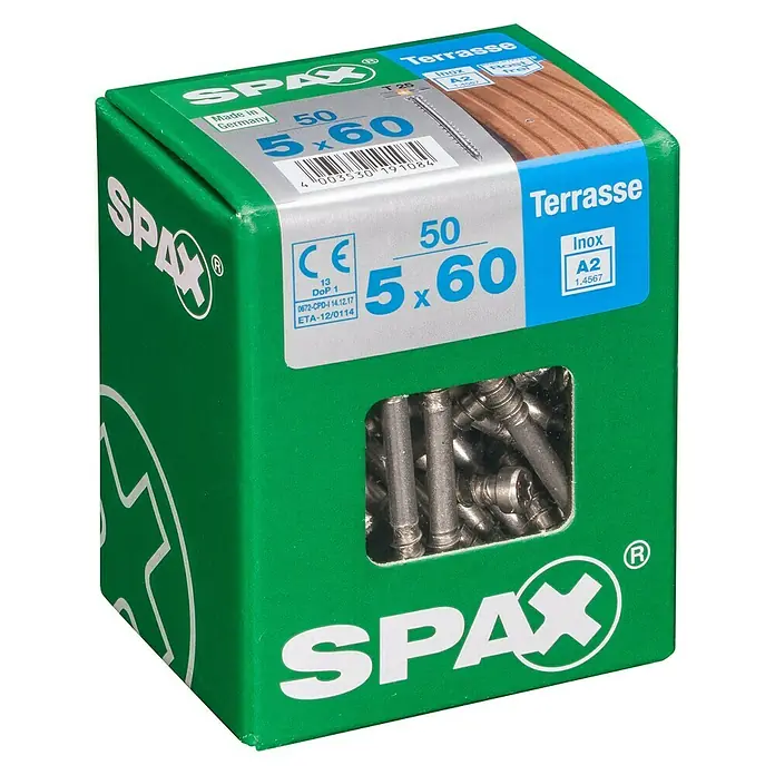 Spax Terrassenschraube T-Star Plus - Ø x L: 5 x 60 mm, Edelstahl rostfrei A2, Blank, 50 Stk. - Schachtel mit 50 SPAX Terrassenschrauben 5x60 mm, hergestellt in Deutschland. Die Schrauben sind aus rostfreiem Edelstahl A2 gefertigt.