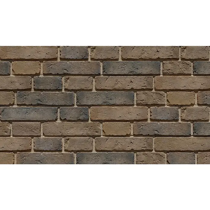 Stegu Verblendstein Chicago - 15 x 51 cm, Braun/Grau, Steinoptik - Nahaufnahme einer gemauerten Ziegelwand mit variierenden Farbtönen, die eine robuste und dennoch elegante Textur zeigen.