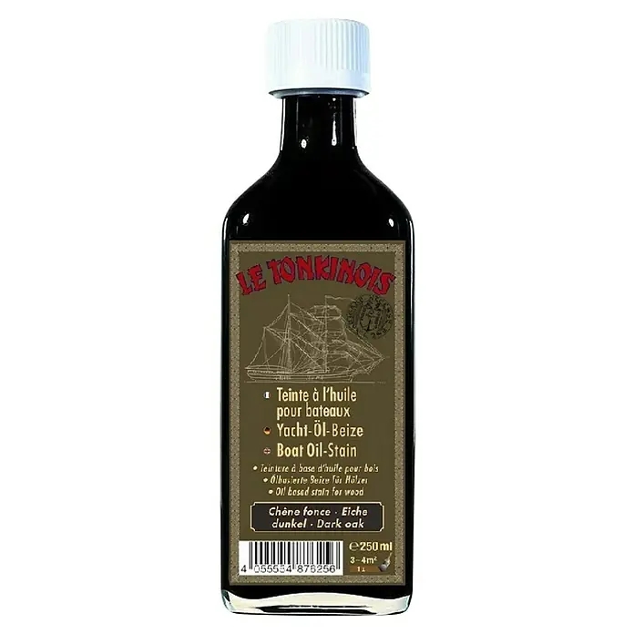 Holzbeize - Eiche dunkel, 250 ml - Produktabbildung von Le Tonkinois Bootslack Yacht-Öl-Beize, eine hochwertige Holzlasur für Boote und andere Holzoberflächen, dunkel.