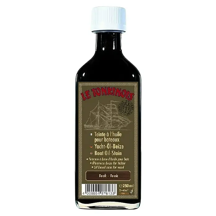 Holzbeize - Teak, 250 ml - Eine Flasche Le Tonkinois Bootsöl-Beize, ein hochwertiges Öl zum Schutz und zur Veredelung von Holzoberflächen im Bootsbau.