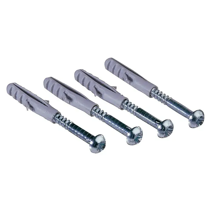 Amazonas Wandhaken Easy+ - Belastbarkeit: 200 kg - Eine Nahaufnahme von vier grauen Fischer Dübel SX 6 x 30 mit Schrauben. Ideal für sichere Befestigungen in Wänden und Decken.