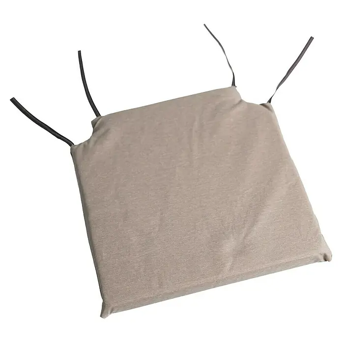 Cojín para asiento - Tierra, L x An x Al: 40 x 40 x 3,5 cm, 70% algodón 30% poliéster - Primer plano de un cojín cuadrado para silla con cintas de sujeción sobre un fondo negro, prometiendo un asiento cómodo.