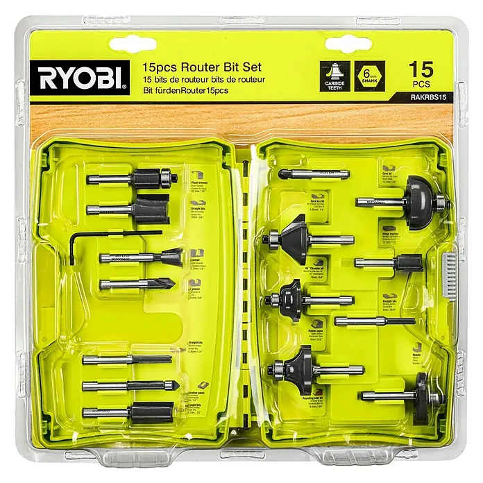 Ryobi Fräser-Set RAKRBS15 - Durchmesser Schaft: 6 mm, 15 -tlg. - Ryobi 15-teiliges Oberfräser-Set mit verschiedenen Fräsern für Holzbearbeitungsanwendungen, ideal für Heimwerker und Profis.