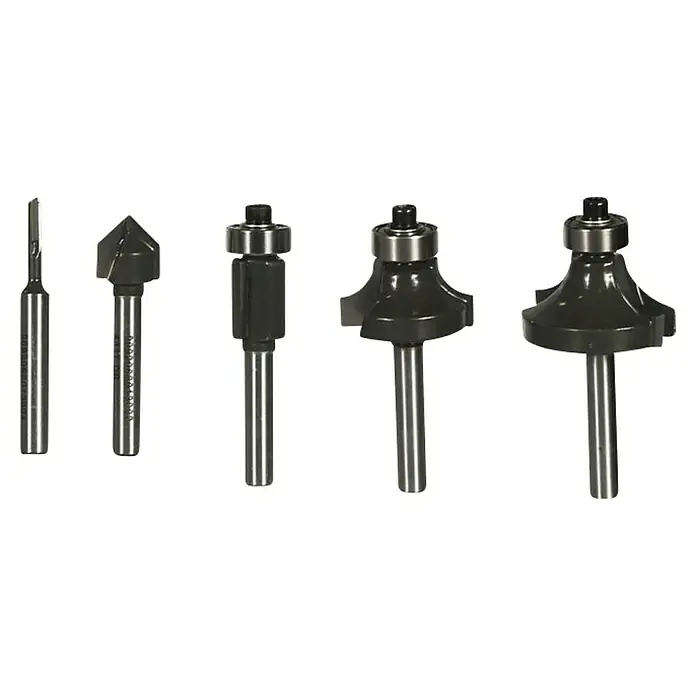 Ryobi Fräser-Set RAKRBS5 - Durchmesser Schaft: 6 mm, 5 -tlg. - Verschiedene Oberfräsen-Bits für Holzbearbeitungsprojekte, perfekt für präzise Schnitte und Kantenbearbeitung in verschiedenen Formen.