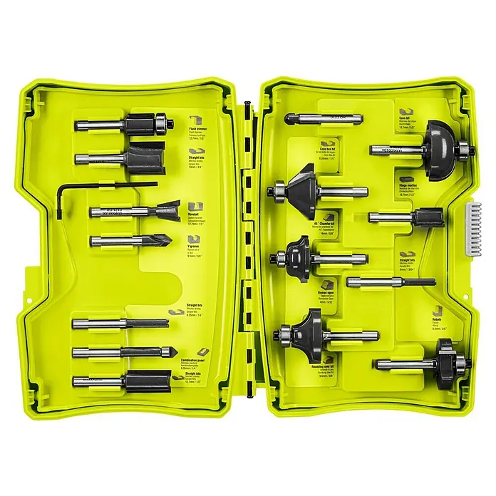 Ryobi Fräser-Set RAKRBS15 - Durchmesser Schaft: 6 mm, 15 -tlg. - Ein Set aus Ryobi-Fräsern in einer gelben Aufbewahrungsbox, ideal für verschiedene Holzbearbeitungsprojekte.
