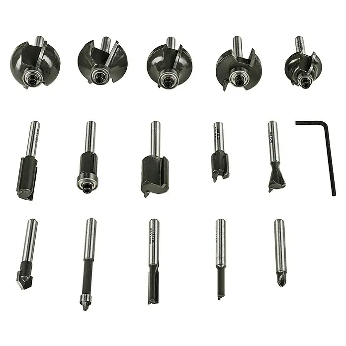Ryobi Fräser-Set RAKRBS15 - Durchmesser Schaft: 6 mm, 15 -tlg. - Bild eines Sets von Oberfräsen. Das Set besteht aus verschiedenen Fräsern, die in einer Werkstatt oder Holzwerkstatt verwendet werden können.