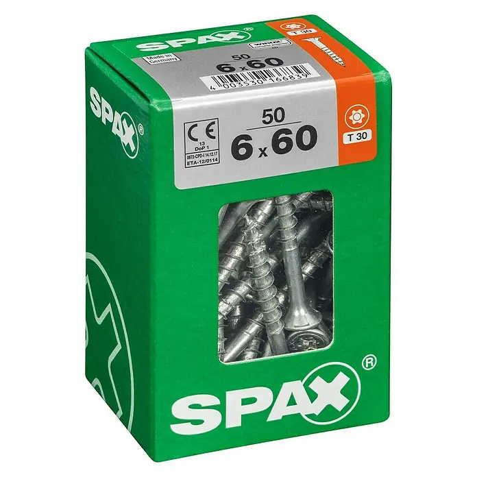 Spax Universalschraube T-Star plusØ x L: 6 x 60 mm, WIROX Oberfläche, T-Star plus, 50 Stk. - Dose Spax Universalschrauben 6x60 mm, 50 Stück, ideal für Holzkonstruktionen. Hochwertige Schrauben für Profis und Heimwerker.
