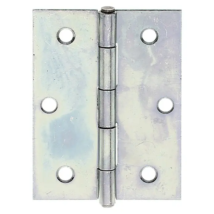 Alberts Bisagra - L x An: 80 x 58 mm - Primer plano de una bisagra de puerta metálica brillante con orificios para tornillos. Ideal para proyectos de bricolaje y construcción.