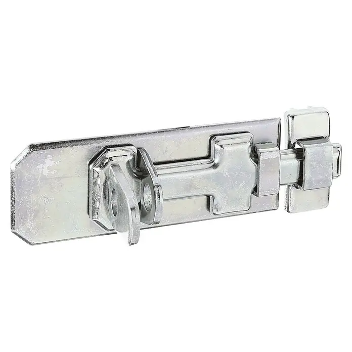 Stabilit Schieberiegel - L x B: 120 x 48 mm, Stahl, Verzinkt - Nahaufnahme eines glänzenden, silberfarbenen Riegels. Der Riegel ist ein robustes und zuverlässiges Sicherheitsschloss.