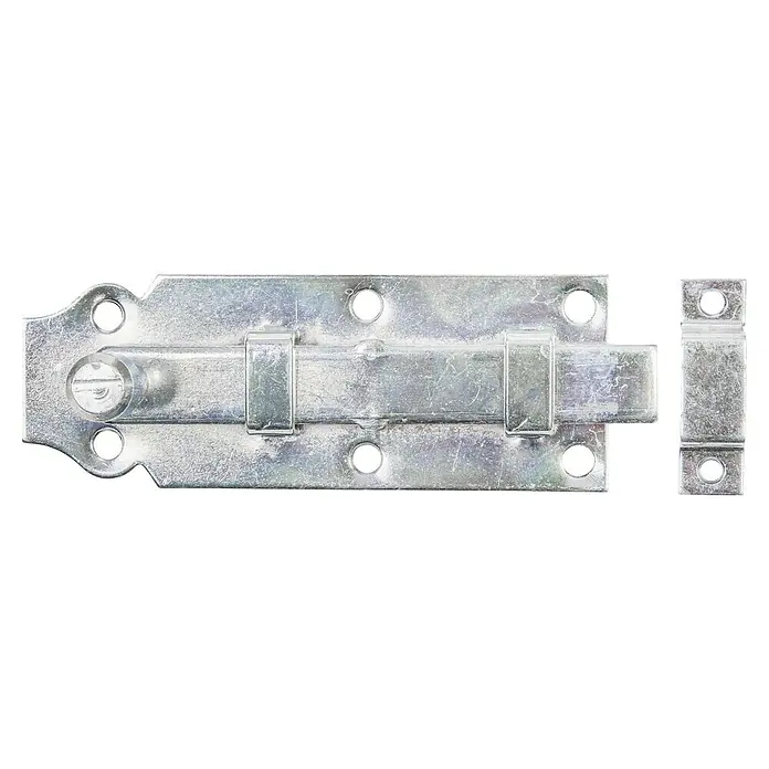 Stabilit Türknopfriegel - L x B: 120 x 56 mm, Stahl - Eine silberne Schubriegel-Verriegelung, die für zusätzliche Sicherheit an Türen und Toren verwendet wird. Sie ist robust, langlebig und einfach zu installieren.