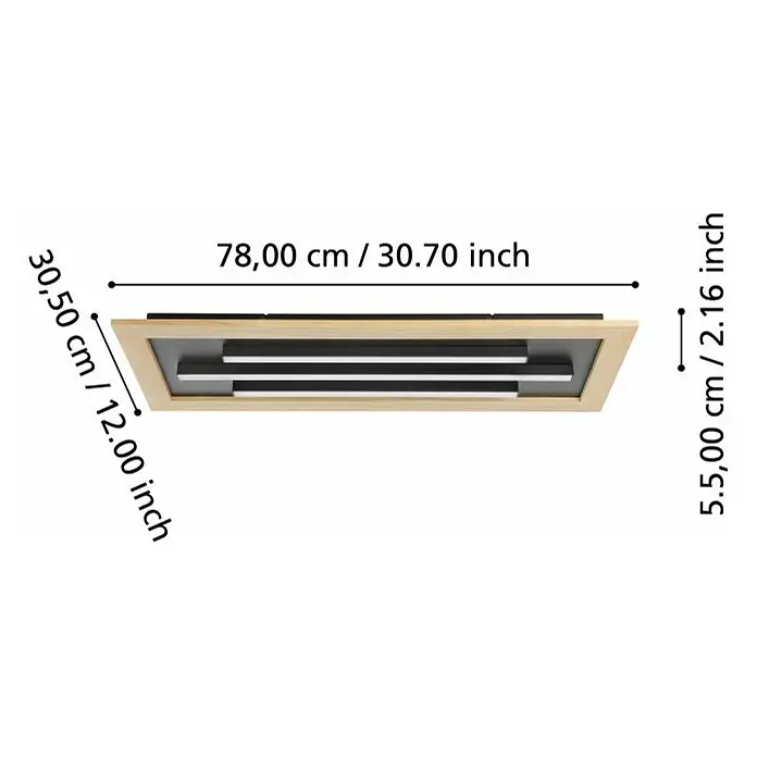 Eglo LED-Deckenleuchte Tirrenara - 37 W, L x B x H: 78 x 30,5 x 5,5 cm, Dimmbar, 2.700 K - 6.500 K - Detailaufnahme der Deckenleuchte mit Abmessungen in Zentimetern und Zoll. Die Lampe ist rechteckig mit Holzrahmen und mehreren Lichtelementen.