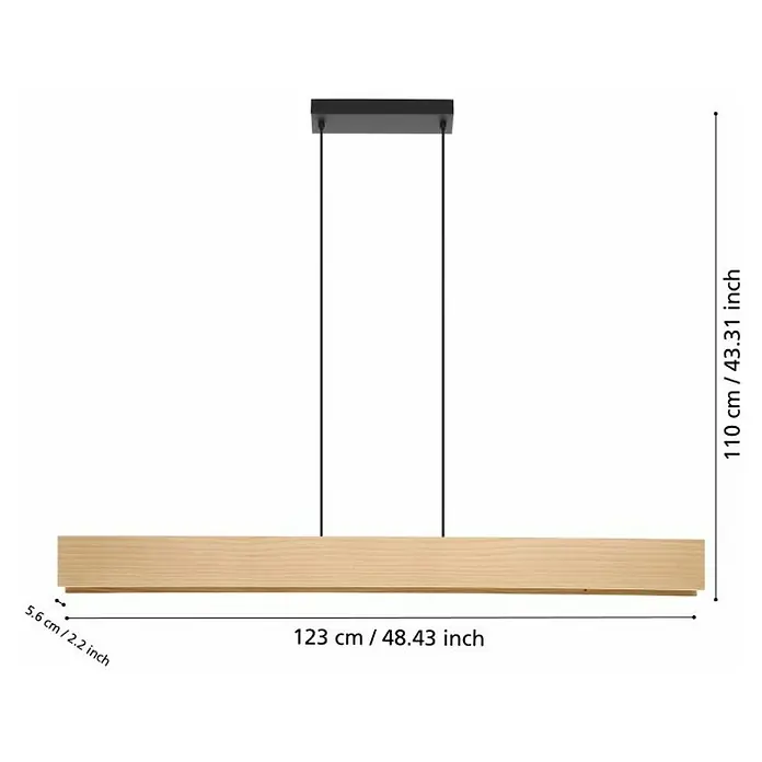 Eglo LED-Pendelleuchte Anchorena-Z - L x B x H: 1.230 x 55 x 1.100 mm, Kaltweiß, 2.700 K - 6.500 K, Dimmbar - Abmessungen der LED-Hängeleuchte aus Holz: 123 cm breit, 110 cm hoch und 5,6 cm dick.