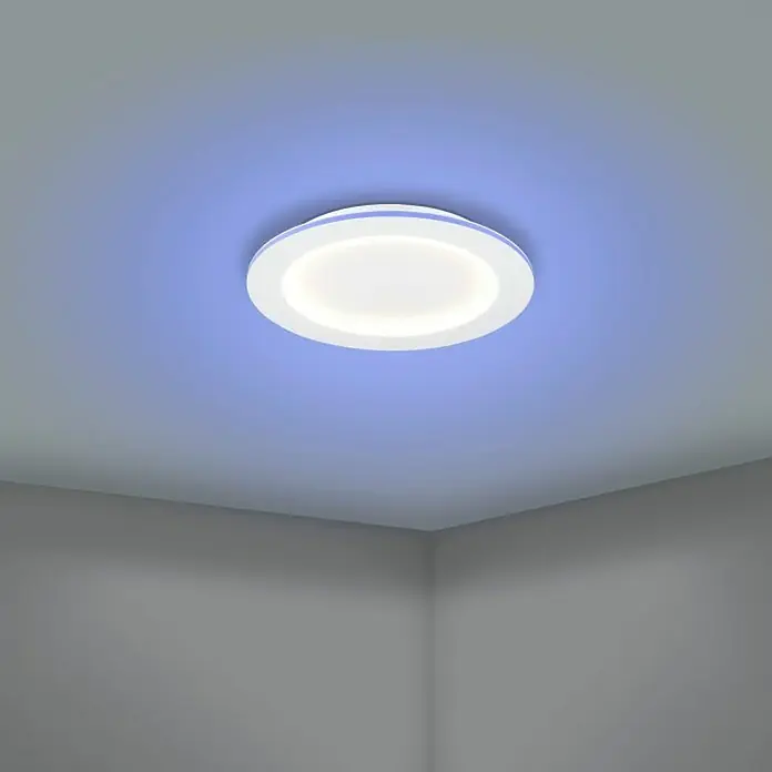 Eglo LED-Deckenleuchte Padrogiano-Z - Durchmesser: 45 cm, 2.700 K - 6.500 K, Warmweiß, Dimmbar - Runde Deckenleuchte mit weißem Rand und sanftem, blauem Umgebungslicht, ideal für moderne Innenräume.\n