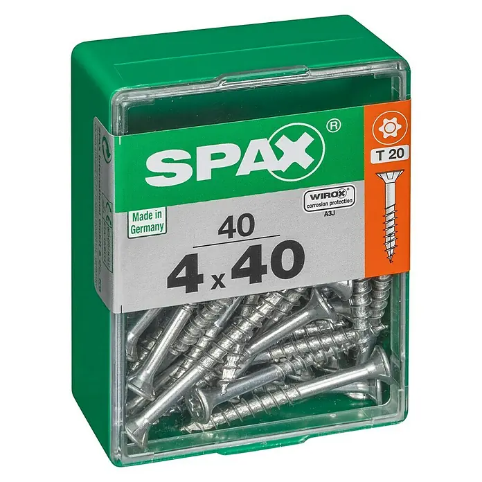 Spax T-Star plus Universalschraube T-Star plus - Ø x L: 4 x 40 mm, WIROX Oberfläche, T-Star plus, 40 Stk. - Spax Schrauben 4x40mm im grünen Behälter. Ideal für Holzverbindungen, Made in Germany.
